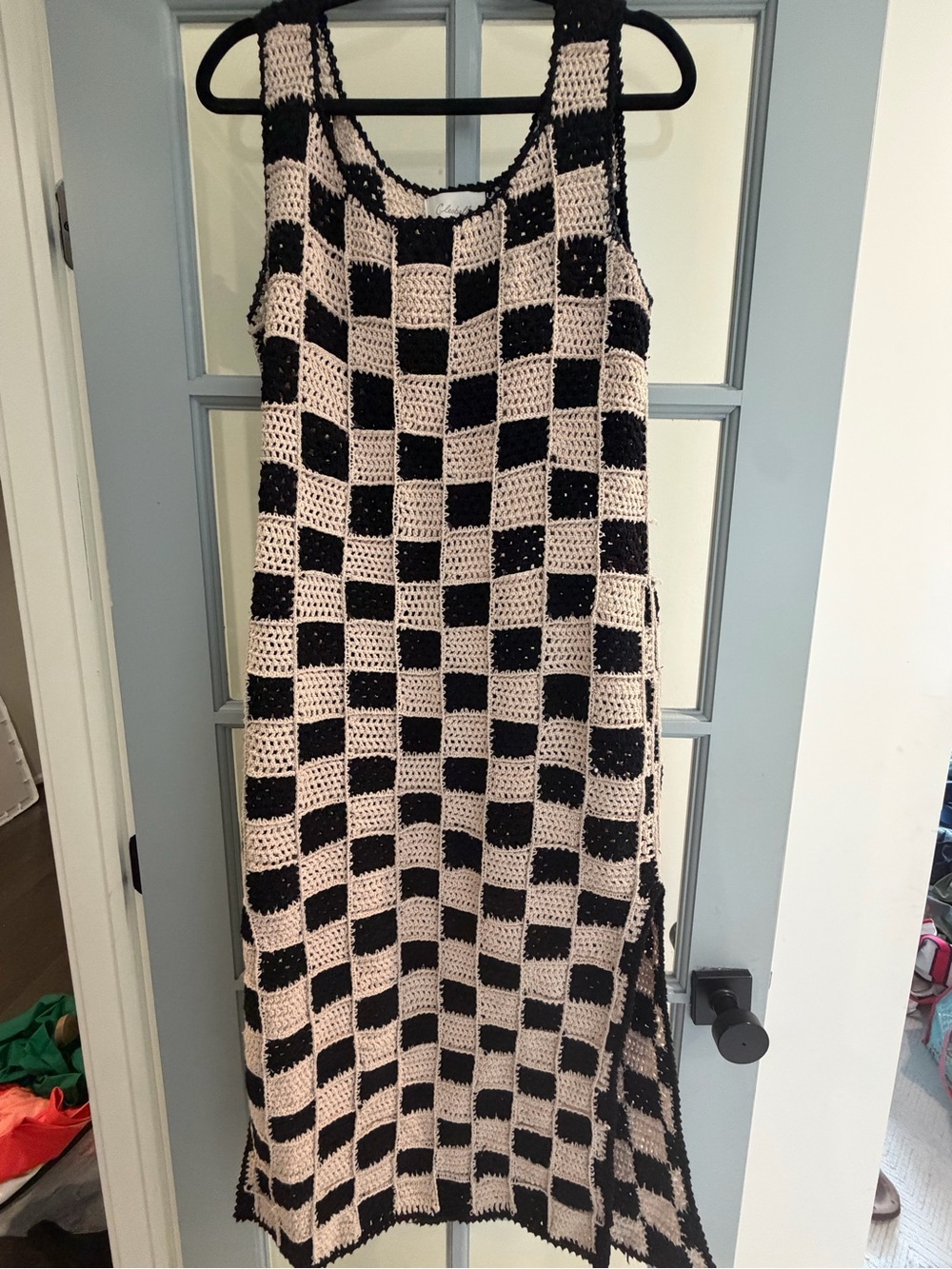 Cleobella Black and Cream Checkered Crochet Tank Dress